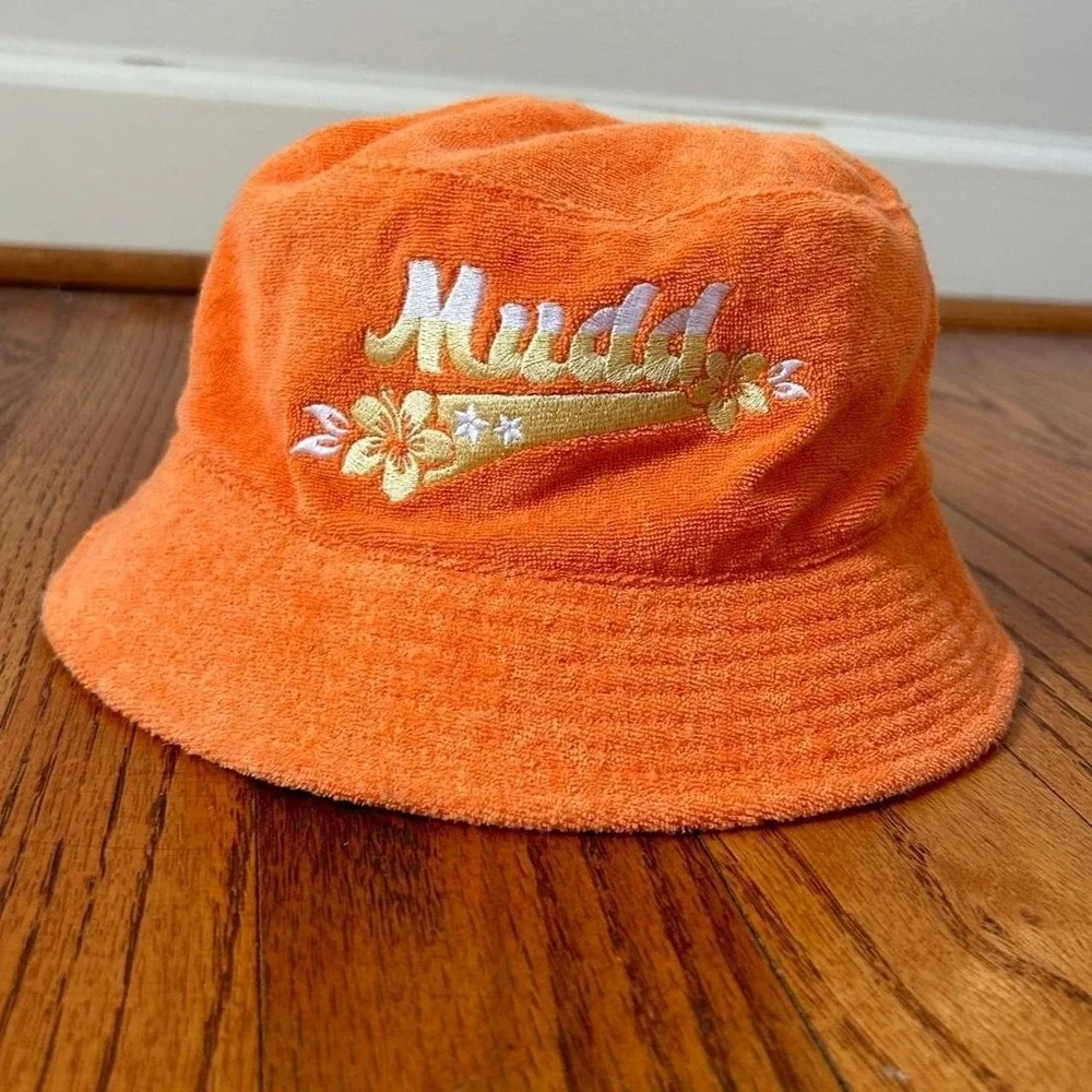 Y2K Mudd Orange Terrycloth Bucket Hat Striped Reversible Beach Tropical